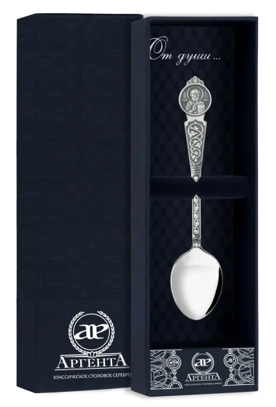 1020ЛЖ00806 Серебряная чайная ложка «Николай Чудотворец» с чернением