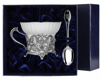 Серебряный чайный набор «Герб» с чернением в подарочном футляре