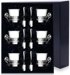 Набор кофейных чашек Богема в серебряном подстаканнике на 6 персон (6 чашек и 6 кофейных ложек)