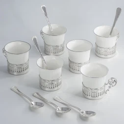 Набор кофейных чашек Богема в серебряном подстаканнике на 6 персон (6 чашек и 6 кофейных ложек)