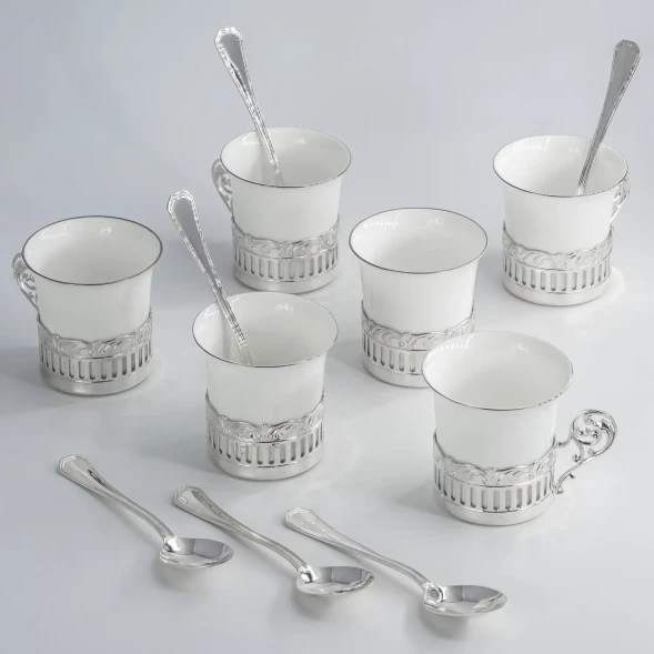 004НБ07801 Набор кофейных чашек Богема в серебряном подстаканнике на 6 персон (6 чашек и 6 кофейных ложек)