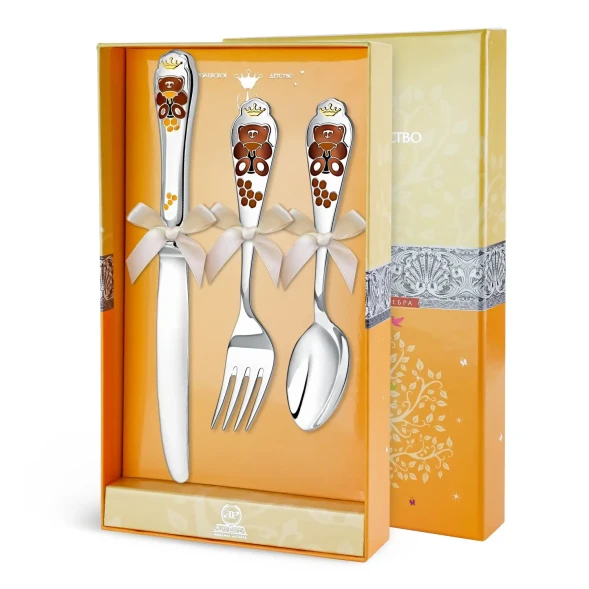 559НБ05808 Набор детских серебряных столовых приборов «Мишка» с ножом