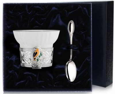 Серебряный чайный набор «Иволга» с эмалью в подарочном футляре