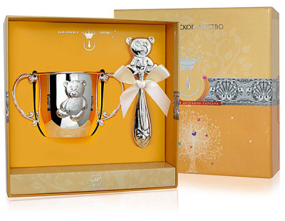 1471 Набор детского серебра с поильником «Мишка» и погремушкой