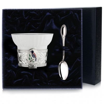 Серебряный чайный набор «Сизоворонка» с эмалью в подарочном футляре