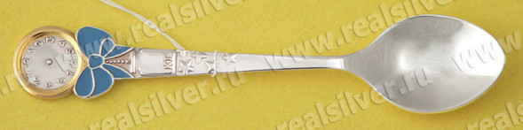 35060021 Серебряная детская ложка «Часики» с золочением и голубой эмалью
