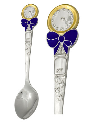 35060021 Серебряная детская ложка «Часики» с золочением и голубой эмалью