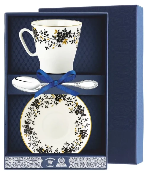 091Ф07 Набор кофейный "Черный кофе - Тонкие веточки (л.к. Император) 3 пр.+футляр