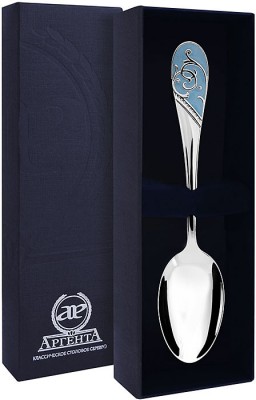 736ЛЖ03007 Серебряная чайная ложка «Кружевные узоры» с голубой эмалью в подарочном футляре