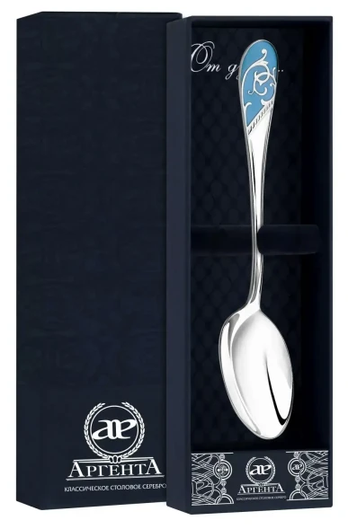 736ЛЖ03807_гц Серебряная чайная ложка «Кружевные узоры» с голубой эмалью