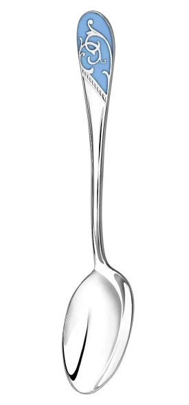 736ЛЖ03807_гц Серебряная чайная ложка «Кружевные узоры» с голубой эмалью