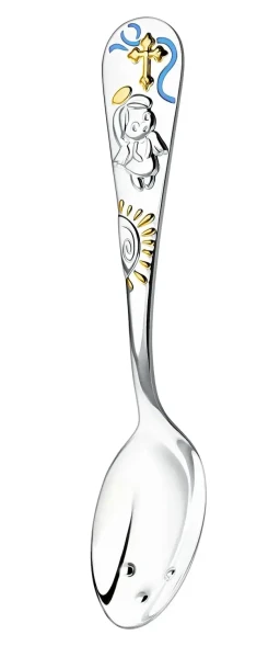 1045ЛЖ05808_г Серебряная детская ложка «Крестильная» с эмалью для мальчика