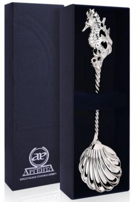 Серебряная ложка для икры «Морской конек» в подарочном футляре