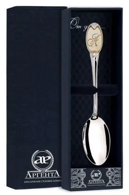 293ЛЖ03802_а Серебряная чайная ложка с логотипом «А» с золочением