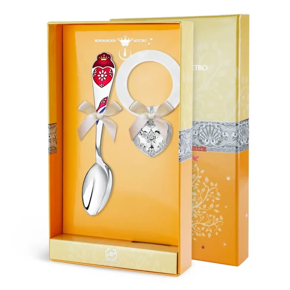 РИ13НБ05801 Набор детского серебра «Сердце» с погремушкой на кольце