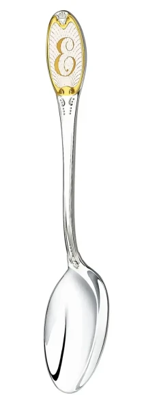 293ЛЖ03802_е Серебряная чайная ложка с логотипом «Е» с золочением