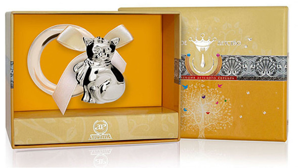 1GI0081J Серебряная погремушка «Кошка» на кольце