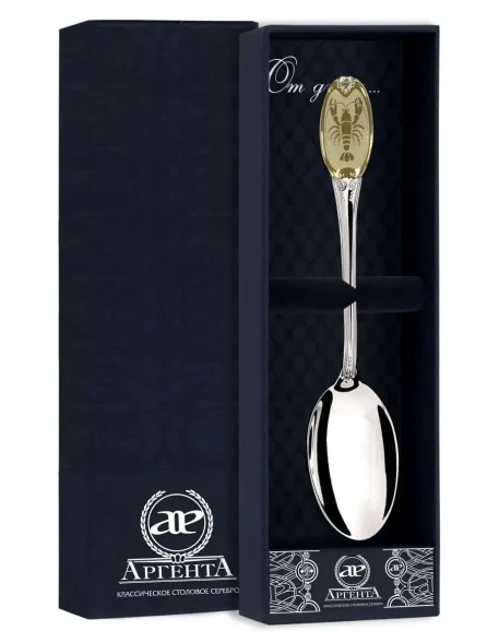 293ЛЖ03802_рак Серебряная чайная ложка «Знак Зодиака Рак» с золочением