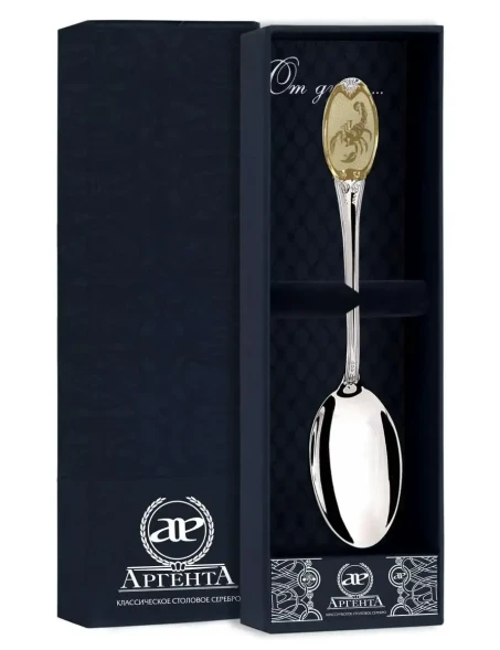 293ЛЖ03802_ск Серебряная чайная ложка «Знак Зодиака Скорпион» с золочением