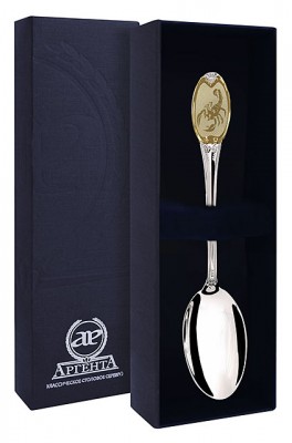293ЛЖ03002 Серебряная чайная ложка «Знак Зодиака Скорпион» в подарочном футляре