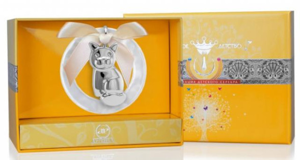 1GI0122A-MP Серебряная погремушка «Котик» на кольце