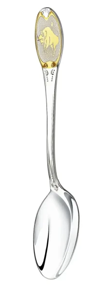 293ЛЖ03802_тел Серебряная чайная ложка «Знак Зодиака Телец» с золочением