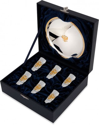 Набор из 6 серебряных стопок «Герб» с золочением и подносом «Герб» в подарочном футляре