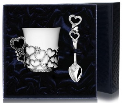 Серебряный кофейный набор «Сердечко» с чернением в подарочном футляре