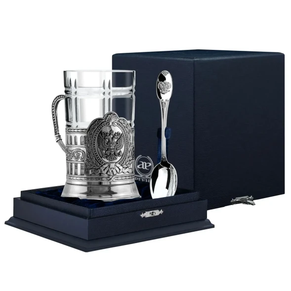 937НБ03806 Cеребряный набор для чая «Герб России»