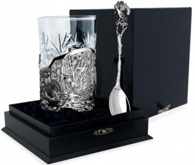 Серебряный набор для чая «Глухариная охота» с чернением в подарочном футляре