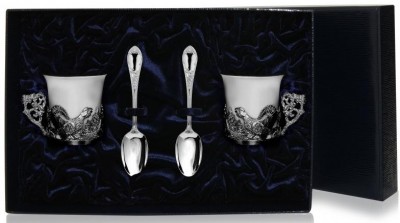 Серебряный набор для кофе «Глухари» на 2 персоны с чернением в подарочном футляре