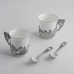 Серебряный набор для кофе «Глухари» на 2 персоны с чернением