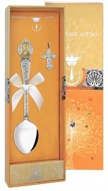 Серебряный крестильный набор с ложкой «Николай Чудотворец» с позолотой в подарочном футляре