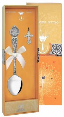 1027НБ00806 Серебряный крестильный набор с ложкой «Ангел Хранитель» с чернением в подарочном футляре