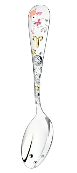 1137ЛЖ05808_р Серебряная детская ложка "Зодиак-Овен" с золочением и эмалью для девочки