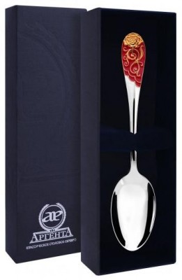 715ЛЖ03008 Серебряная чайная ложка «Роза» с золочением и бордовой эмалью в подарочном футляре