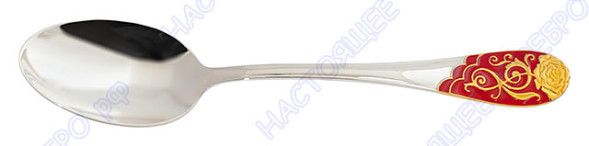 715ЛЖ03808_бордовый Серебряная чайная ложка «Роза» с золочением и бордовой эмалью