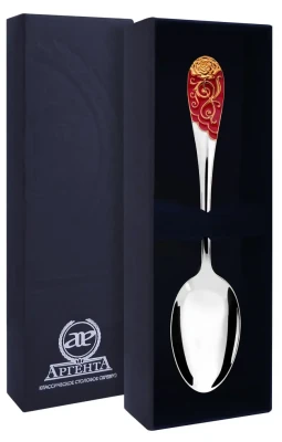 715ЛЖ03808_бордовый Серебряная чайная ложка «Роза» с золочением и бордовой эмалью