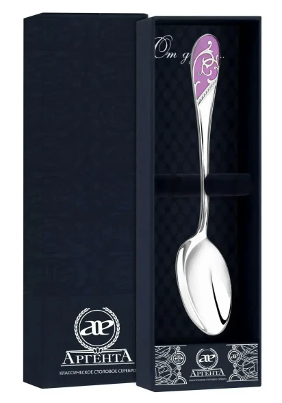 736ЛЖ03807_сц Серебряная чайная ложка «Кружевные узоры» с эмалью Сиреневые цветы