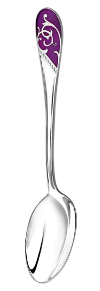 736ЛЖ03807_сц Серебряная чайная ложка «Кружевные узоры» с эмалью Сиреневые цветы