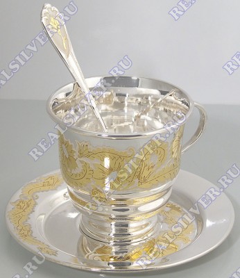 3402672052 Серебряный чайный набор с золочением в подарочном футляре