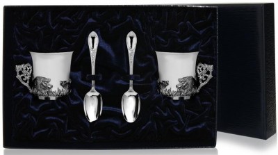 Серебряный кофейный набор «Кабан» на 2 персоны с чернением в подарочном футляре