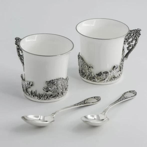 686НБ07806 Серебряный кофейный набор «Кабан» на 2 персоны с чернением