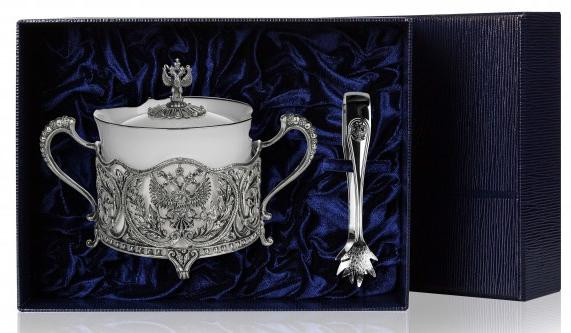 843НБ16806 Серебряная сахарница и щипцы «Герб» с чернением