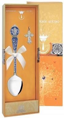 1027НБ00807 Серебряный крестильный набор с ложкой «Ангел Хранитель» с синей эмалью в подарочном футляре