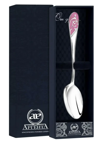 736ЛЖ03807_рц Серебряная чайная ложка «Кружевные узоры» с розовой эмалью