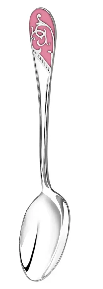 736ЛЖ03807_рц Серебряная чайная ложка «Кружевные узоры» с розовой эмалью