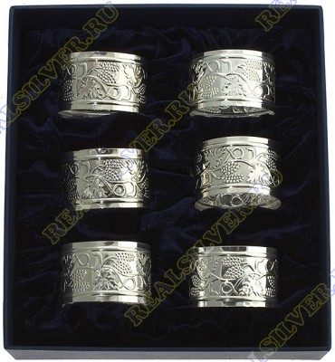 Серебряный набор колец для салфеток «Виноград» в подарочном футляре