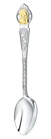 1028НБ00802 Серебряный крестильный набор с ложкой «Казанская Божья Матерь» с позолотой