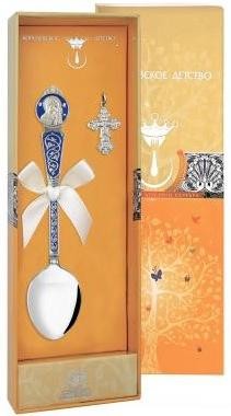Серебряный крестильный набор с ложкой «Казанская Божья Матерь» с синей эмалью в подарочном футляре